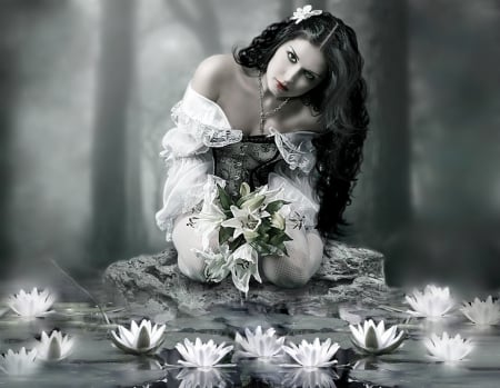 Her lilies - water, lilies, look, girl, beauty