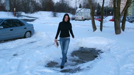 Cowgirl In The Snow - girls, women, models, ranch, cowgirls, brunettes, fun, female, snow, boots