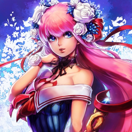 Becky Flina - flower, maiden, beautiful, blossom, hot, anime girl, girl, lady, gorgeous, pink hair, ribbons, pink, pretty, beauty, sweet, anime, hd, dress, cg, long hair, petals, nice, lovely, sexy, female