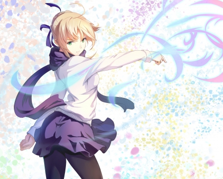 Saber - saber, beauty, nice, female, blond, anime girl, blond hair, blonde hair, pretty, anime, blouse, skirt, girl, scarf, lovely, fate stay night, abstract, beautiful, sweet, blonde