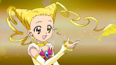 Cure Lemonade - pretty, anime, twin tail, yellow, kawaii, female, twintail, blonde, blond hair, long hair, happy, blond, nice, smiling, twin tails, anime girl, twintails, girl, blonde hair, lovely, sweet, pretty cure, smile, precure, magical girl, butterfly, cute, adorable