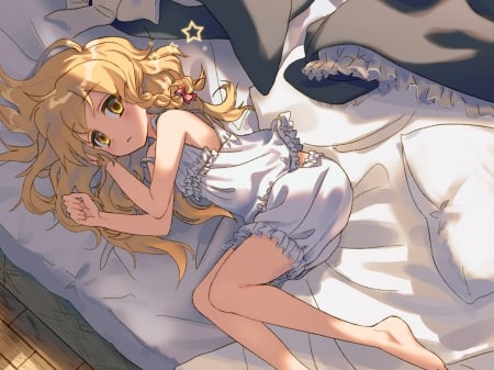 Bed Time - pretty, anime, kawaii, female, dress, blonde, blond hair, long hair, bed, touhou, blond, hd, nice, kirisame marisa, anime girl, laying, girl, blonde hair, lovely, bedroom, sweet, cg, cute, pajamas, adorable, lay