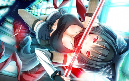 âœž| Æ¤ÏƒÏ‰É›ÑÒ“Ê‹â„“ SÏ‰ÏƒÑâˆ‚|âœž - girl, ribbons, lovely, ears, fox, red eyes, sharp, red, anime, animal, sweet, sword, cute, short hair