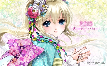 Happy New Year 2015 - pretty, anime, kawaii, female, maiden, blonde, blond hair, long hair, gorgeous, blond, hd, nice, anime girl, happy new year, beautiful, girl, blonde hair, beauty, kimono, lovely, sweet, yukata, cg, lady, 2015, angelic, cute, adorable