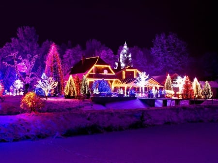 New Year Night - lake, lights, winter, new, house, year, night