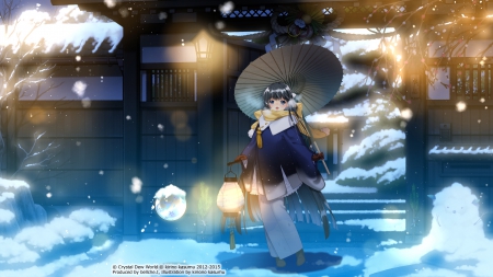 Cold Winter - pretty, anime, kawaii, female, scenery, scene, snow, light, long hair, home, happy, umbrella, nice, smiling, house, anime girl, winter, beautiful, girl, beauty, lovely, sweet, lantern, smile, black hair, cute, adorable, building