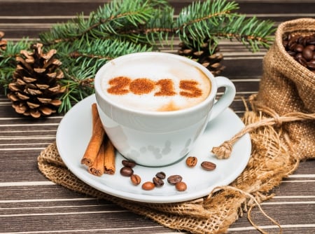 Superb New Year 2015! - Superb New Year, coffee, coffee beans, pine branch, creative happy 2015, cup