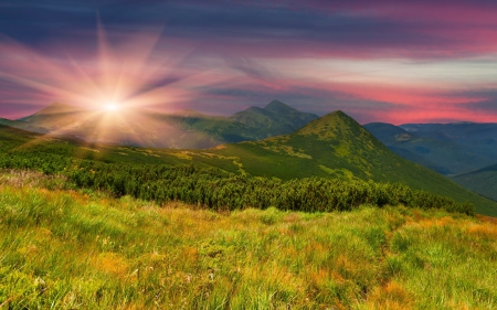 mountain sunset - nature, fun, cool, mountain, sunset, field