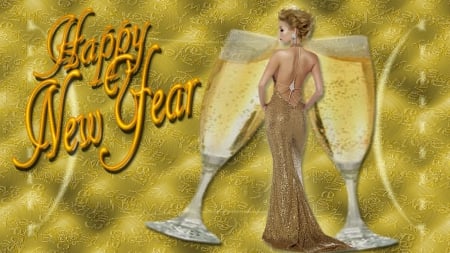 Happy New Year Gold - Woman, Gold, Champagne, Happy New Year, Bubbly, New Year, Elegance