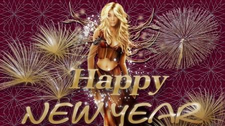 Happy New Year - woman, new year, happy new year, fireworks, blonde