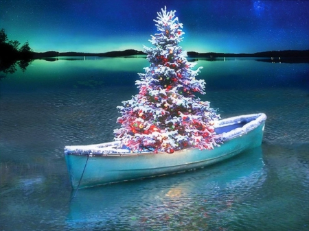 ★Xmas & New Year in Boat★ - winter, rivers, beautiful, paintings, snow, colors, holidays, lovely, xmas and new year, boats, christmas tree, New Year, Christmas, love four seasons