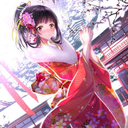 Winter Day - pretty, blushing, anime, kawaii, female, snow, long hair, home, hd, nice, house, anime girl, winter, girl, blush, kimono, lovely, sweet, yukata, cg, black hair, cute, adorable