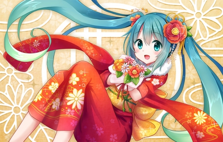 Flower Bouquet - pretty, miku hatsune, twin tail, female, blossom, happy, japan, nice, eautiful, beauty, kimono, flower, yukata, bouquet, cute, floral, japanese, vocalpoid, anime, kawaii, twintail, hatsune miku, long hair, oriental, smiling, twin tails, anime girl, twintails, beautiful, girl, lovely, sweet, smile, miku, adorable, hatsune, vocaloids