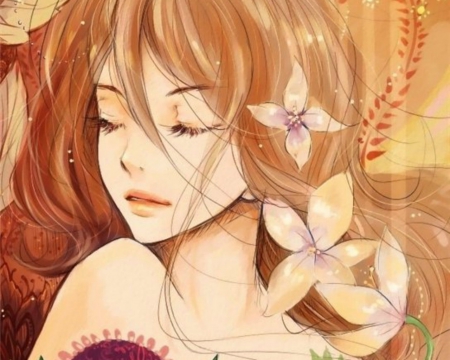 Pretty Girl - anime, brown, girl, flower