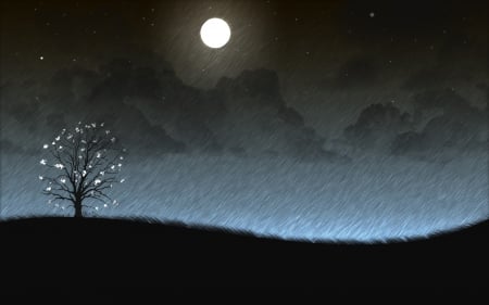 Rainy Night - clouds, moon, rainy, simple, tree