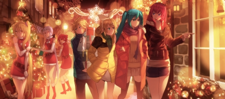 Party Time - yellow hair, anime girl, anime guy, megurine luka, anime, ribbon, short hair, hatsune miku, kagamine rin, twintails, long hair, pink hair, wallpaper, scarf, jacket, blue hair, bow, vocaloid, headphones, kagamine len, dress