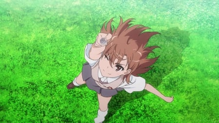 Here's  Ur Coin - to aru kagaku no railgun, anime girl, field, wind, looking, grass, look, adorable, misaka mikoto, coin, mikoto, railgun, school uniform, beautiful, top, sweet, uniform, nice, beauty, mikoto misaka, female, aiming, brown hair, windy, brown, pretty, sjort hair, green, anime, pointing, wink, point, cute, scene, girl, lovely, aim, misaka, kawaii, breeze