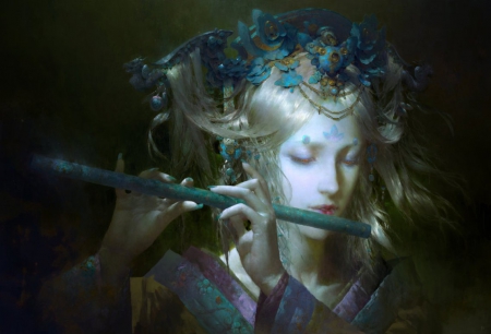 Fantasy - girl, fantasy, art, flute