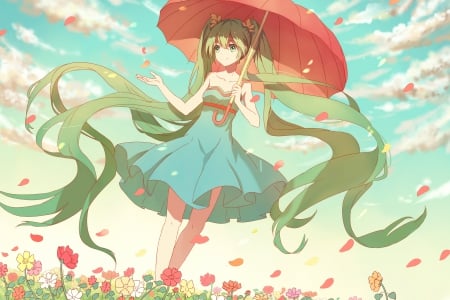 Like a Wind - sundress, anime girl, umbrella, petals, hatsune miku, adorable, long hair, auty, vocaloids, floral, vocaloid, beautiful, sweet, dress, nice, beauty, sky, female, twintail, miku hatsune, pretty, anime, blouse, miku, cute, twin tail, scene, girl, twintails, lovely, hatsune, kawaii, twin tails, blossom, green hair, flower