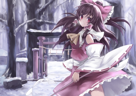 Shrine Maiden - pretty, anime, hakurei, female, scene, snow, dress, shrine maiden, reimu hakurei, long hair, home, shrine, touhou, red, ribbon, reimu, nice, hakurei reimu, house, anime girl, gate, winter, beautiful, girl, beauty, lovely, brown hair, sweet, white