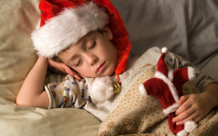 Waiting for Santa - red, child, cute, christmas, sleep, white, hat, santa, boy