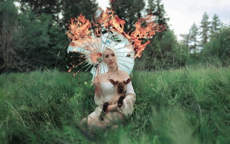 In fire - woman, girl, creative, fire, sheep, umbrella, situation, green, animal, goat