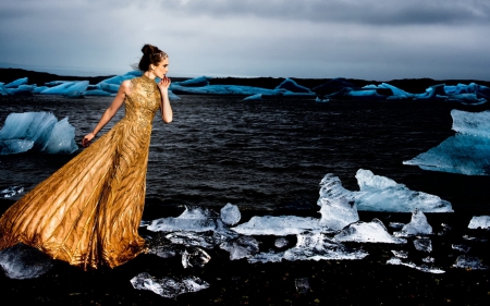 On the ice - winter, water, model, yellow, girl, dress, golden, ice, sea, woman, fashion