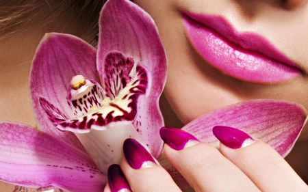 Pink - lips, hand, woman, nails, orchid, flower, pink