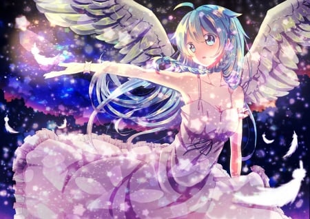 Tenshi - nice, beauty, female, angel, magic, sundress, wings, anime girl, fantasy, gfown, glowing, pretty, anime, feather, cute, girl, adorable, long hair, lovely, shining, glow, blue hair, kawaii, wing, beautiful, sweet, dress