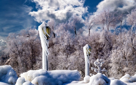 Snowy Landscape - lantern, tres, snow, clouds