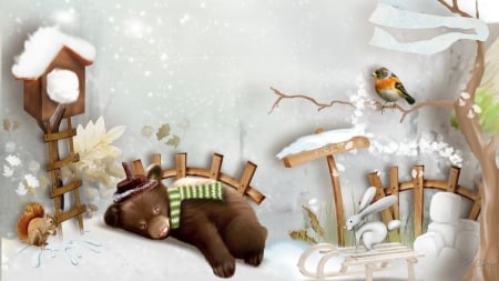 Winter Nap - bird, rabbit, winter, whimsical, snow, nap, bear, bird house, sleep, cute, squirrel, bird feeder