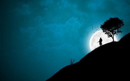 Moon Eye - moon, black, blue, alone, solider, night