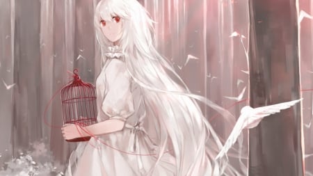 Set You Free - cage, anime, birds, white, anime girl