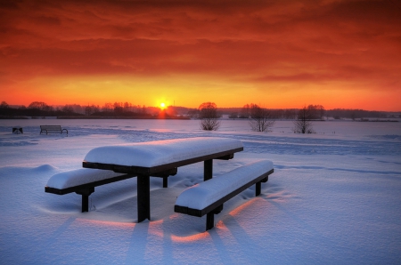 ♥ - snow, benches, winter, sunset