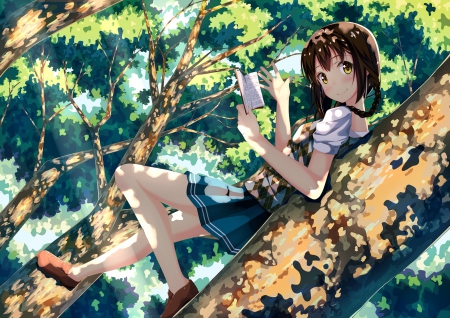 Hey There!! - book, cute, braids, beautiful, anime girl, girl, lady, tree, reading, woman, pretty, beauty, sweet, brown hair, anime, branches, long hair, skirt, female, yellow eyes