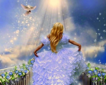 ~Dance in Heaven~ - heaven, birds, creative pre-made, photomanipulation, flowers, rays light, beautiful, digital art, models, weird things people wear, colors, lovely, girls, fantasy, white, woman, love four seasons