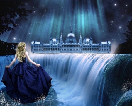 ~Aurora Wonders~ - woman, girls, rays light, photomanipulation, models, fantasy, creative pre-made, digital art, palace, waterfalls, aurora, lovely, heaven, love four seasons, weird things people wear, beautiful, colors