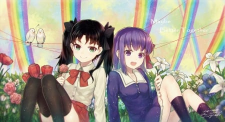 ~Maybe Better Together~ - birds, fate zero, tohsaka rin, green eyes, rainbows, matou sakura, purple eyes, flowers, colorful, black hair, friends, fate stay night, purple hair