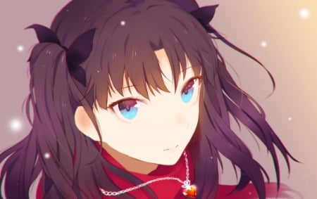 ~Beautiful Eyes~ - necklace, anime, ponytails, tohsaka rin, fate stay night, ribbons, blue eyes