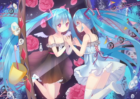 Other Side - pretty, miku hatsune, twin tail, female, blossom, scene, lolilta, blue hair, nice, red rose, flower, petals, blouse, twins, bubbles, cute, floral, vocaloid, anime, kawaii, twintail, dress, hatsune miku, reflection, long hair, float, mirror, loli, twin tails, anime girl, water, twintails, girl, sundress, lovely, sweet, double, miku, aqua hair, adorable, hatsune, vocaloids