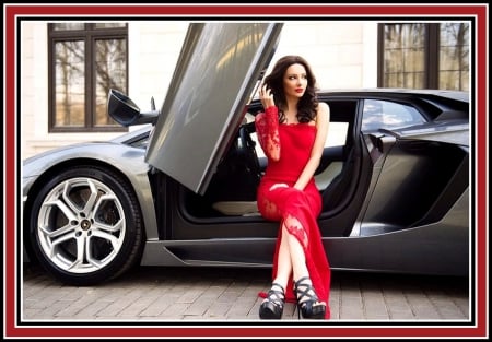 Julia Adasheva a red dress a lamborghini a nice day - sexy, girl, hot, teen, cute