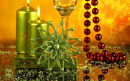 Happy New Year! - yellow, candle, beads, christmas, new year, red, green, glitter, glass