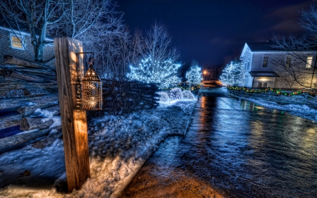 Winter in Village - street, lights, trees, hdr, snow