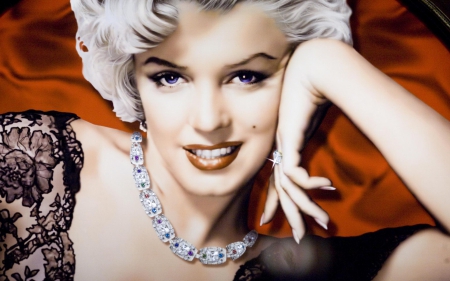 Marilyn Monroe - woman, actress, girl, marilyn monroe, jewel, necklace, face, portrait, orange