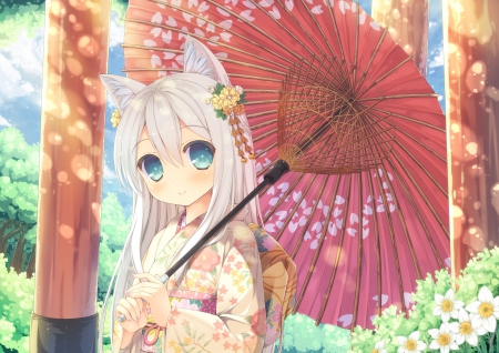 Kitsune Kimo - nice, beauty, female, smiling, anime girl, pretty, umbrella, anime, kimono, silver hair, cute, girl, adorable, long hair, lovely, cg, ears, hd, kawaii, beautiful, blossom, yukata, sweet, smile, kitsune, happy, flower