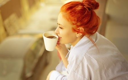 Coffee Redhead - woman, beauty, redhead, drink, coffee, hot, girl, hair, warm, red, beautiful, beverage