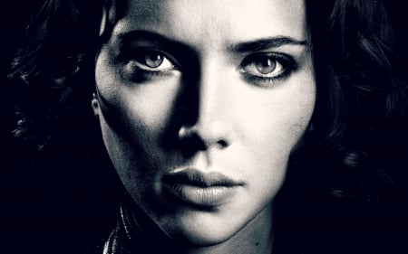 Scarlett Johansson - face, portrait, black, actress, girl, blue, white, scarlett johansson, woman