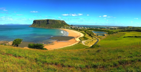 Morning At The Bay - hills, town, beach, beautiful, road, blue sky, sea, grass, fence, sand, field, Tasmania