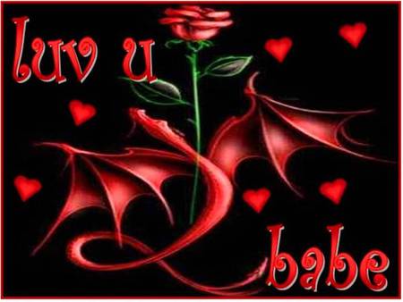 Luv U Babe - red hearts, red dragon, red rose, collage, love