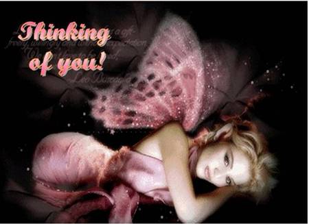 Thinking of You - saying, lady, pink fairy, butterfly wings, angel